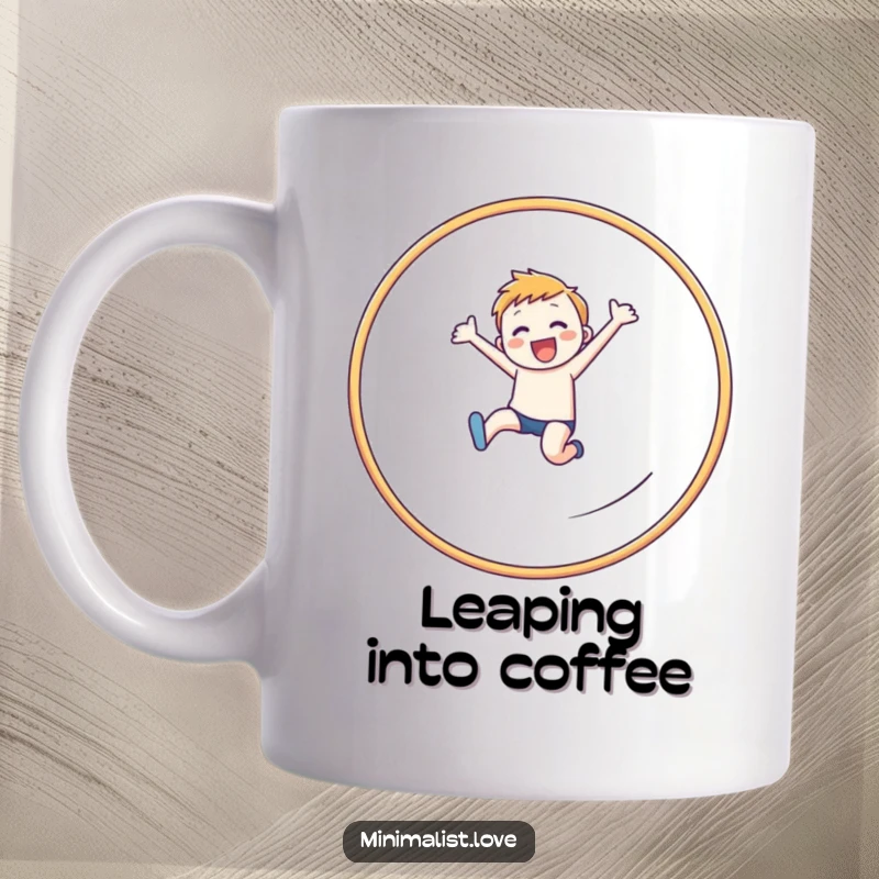Funny cheerful figure mug leaping dynamically through a clean, linear hoop with joy and determination.