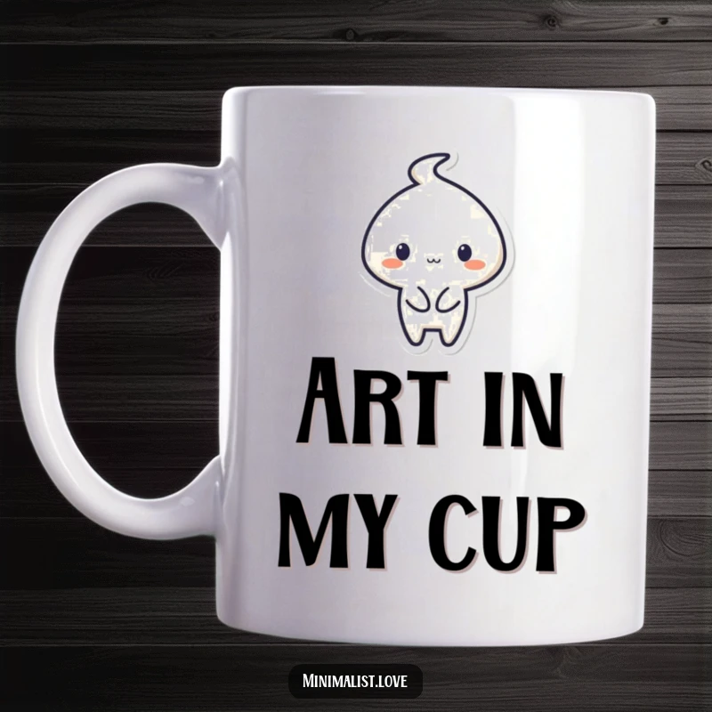 Funny Minimalist Mug showing a stick figure character drawing a simple shape with a flourish and a smile.