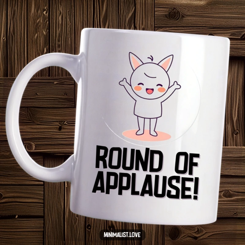 Funny Minimalist Mug showing a stick figure character cheering joyfully while standing on a circle.