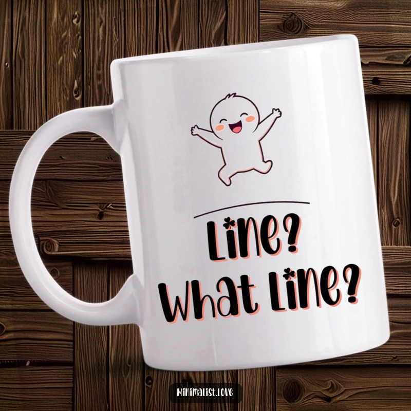 Funny Minimalist Mug showing a stick figure character joyfully leaping over a thin horizontal line with excitement.