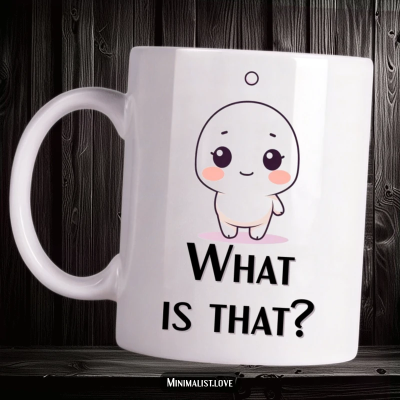 Funny Minimalist Mug showing a stick figure character with wide eyes, surprised by one small floating dot.