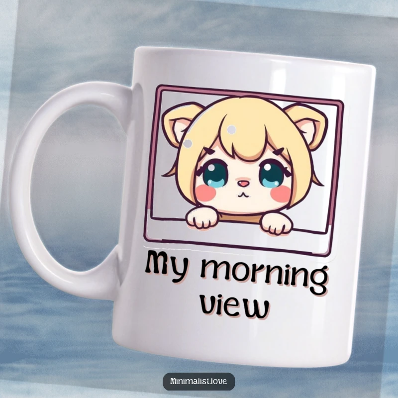 Funny mug with a curious character peeking playfully from behind a perfectly clean, geometric rectangle, showcasing a sense of childlike wonder.