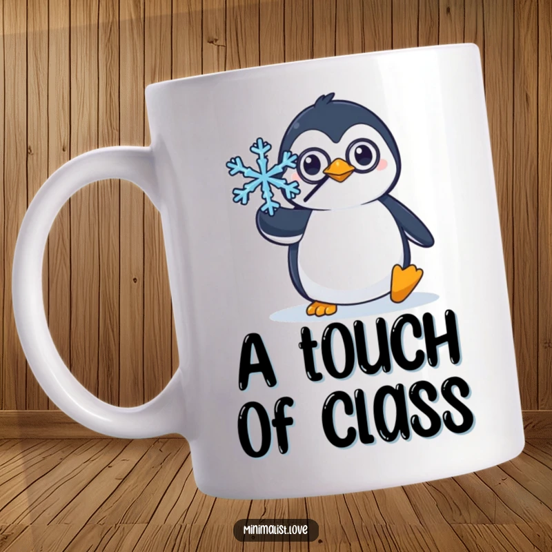 Funny mug with a penguin wearing a monocle, attempting to balance a single, perfect snowflake with refined, whimsical charm.
