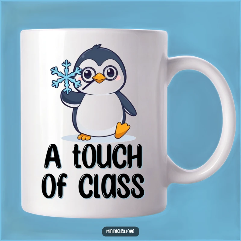 Funny Penguin Monocle Mug: Dapper penguin balancing snowflake, a sophisticated funny gift.