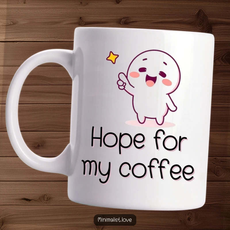 Funny minimalist character excitedly pointing a finger at a single distant star, on a ceramic mug. Hopeful, inspirational, and humorous design.