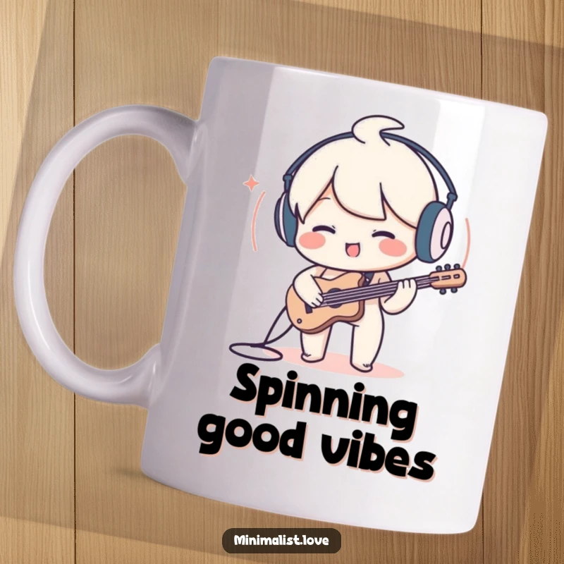 Funny Character Mug: A charming character engrossed in playing a simple, minimalist sound wave with musical delight.