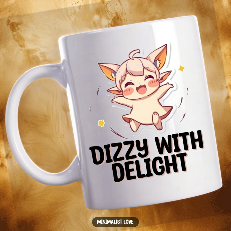 Funny Mug featuring a small character with pointed ears, joyfully spinning around with abandon. Ideal funny gift.