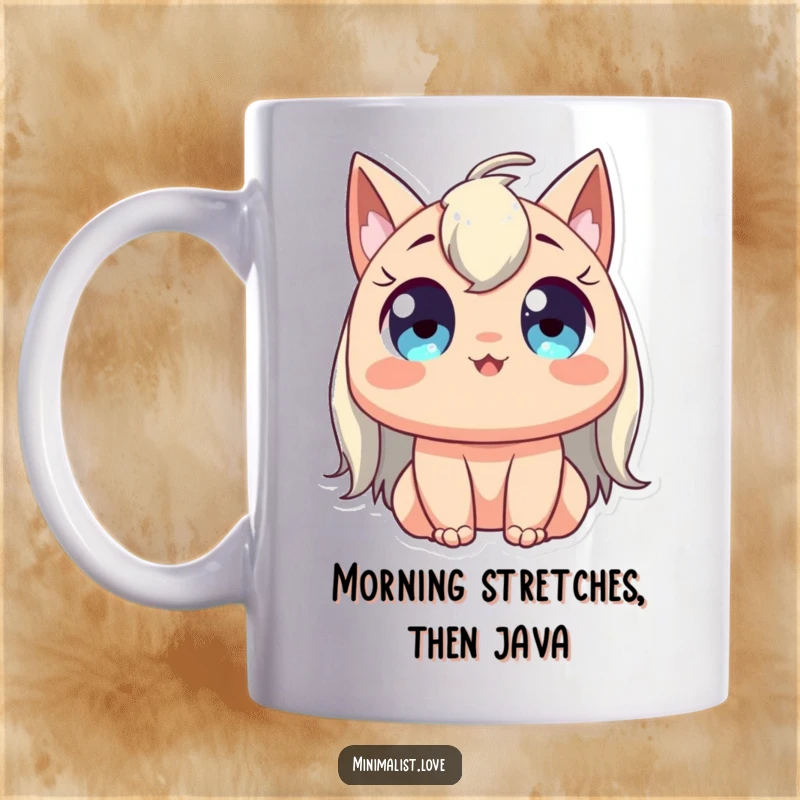 Funny mug featuring a character with wide, happy eyes stretching gracefully upwards, radiating peacefulness and pure, unadulterated joy.