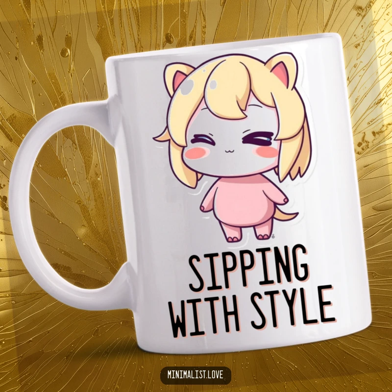Funny mug showcasing a character winking cheekily while maintaining perfect, effortless balance, radiating playful confidence and charm.