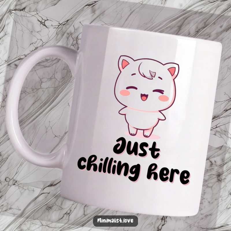 Funny kawaii character winking playfully while standing on a stark, flat plane on a mug, embodying minimalist charm and subtle humor.