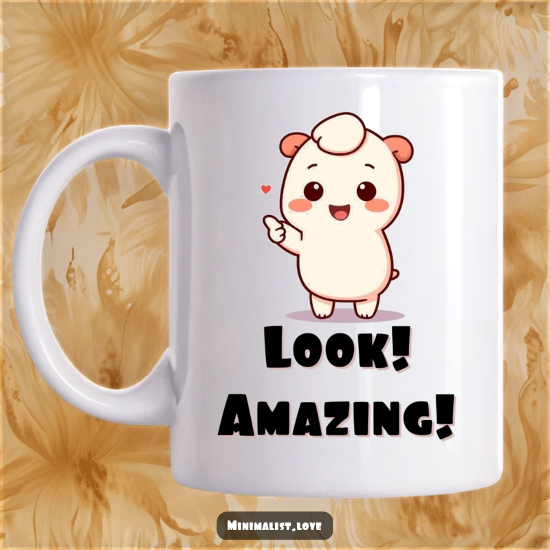 Funny kawaii character happily pointing with a cheerful expression towards a single minimalist element on a mug, exuding simple joy.