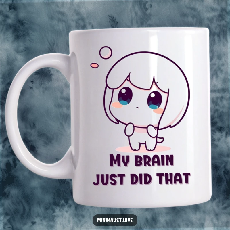 Funny mug featuring a character shocked by a floating abstract shape, perfect for gifting.