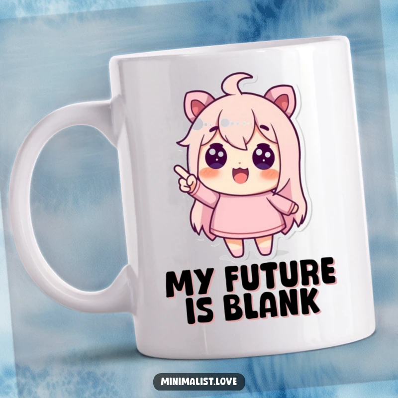 Funny mug with a character enthusiastically pointing at a blank space, celebrating simplicity.