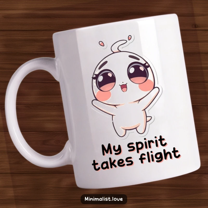 Funny Mug featuring a bubbly character with large eyes being comically launched upwards with a surprised expression. Ideal funny gift.