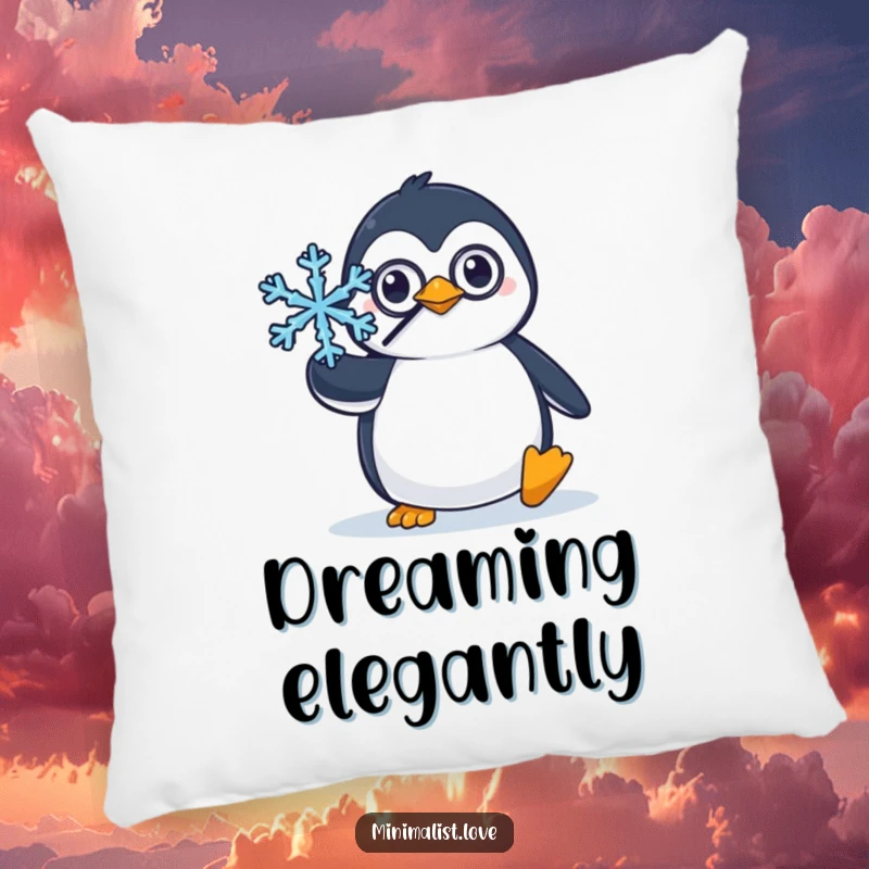 Funny pillow showcasing a penguin wearing a monocle, balancing a snowflake, perfect for adding sophisticated comfort.