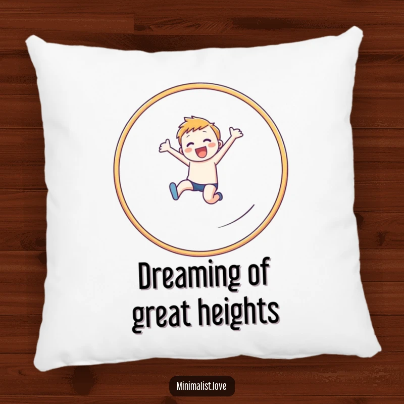 Funny cheerful figure pillow depicting a dynamic leap through a clean, linear hoop, symbolizing success.