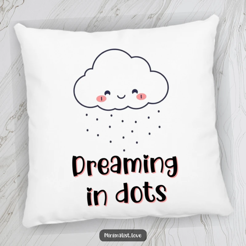 Funny minimalist cloud pillow smiling and raining small dots, providing soft comfort and a cheerful accent.