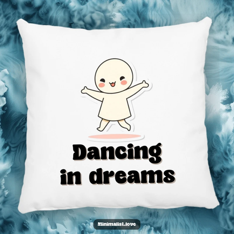 Funny minimalist character dancing with simple geometric shapes, as a decorative pillow. Soft, humorous, and artistically rhythmic home decor.
