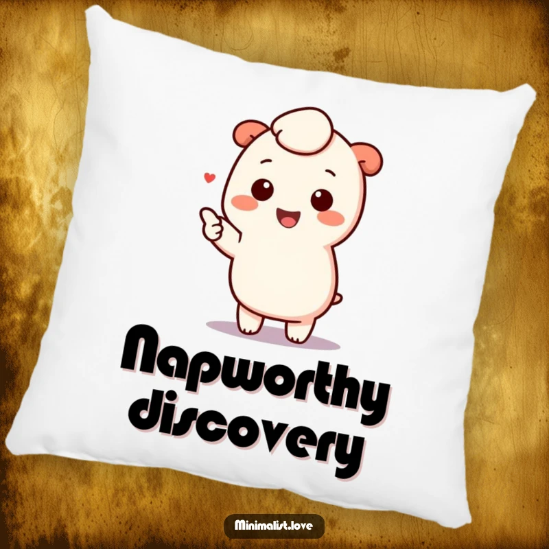 Funny kawaii character pointing happily at a minimalist element, a soft and plush pillow designed to bring cute comfort and playful charm.