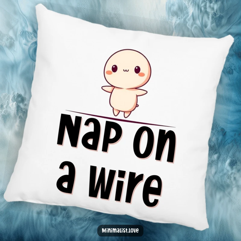 Funny Pillow with a minimalist character precariously balancing on a thin line, perfect for cozying up with humor.