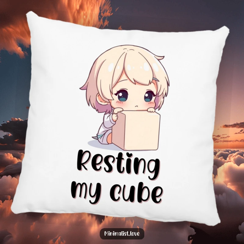 Funny pillow featuring a character thoughtfully observing a plain cube, adding intellectual humor to decor.