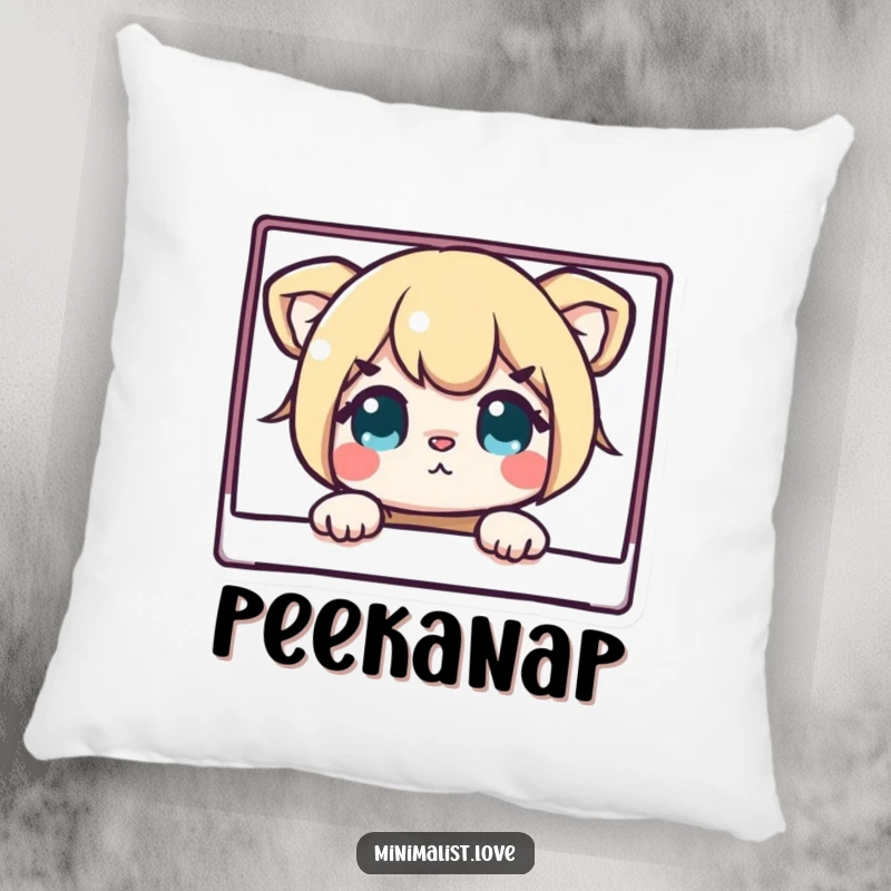 Funny pillow with a curious character peeking shyly from behind a meticulously clean rectangular element, offering comfort and humor.
