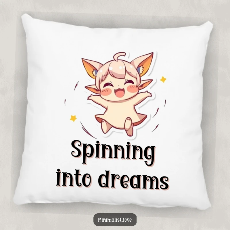 Funny Pillow depicting a small character with pointed ears, spinning around with joyful abandon. Perfect funny gift.