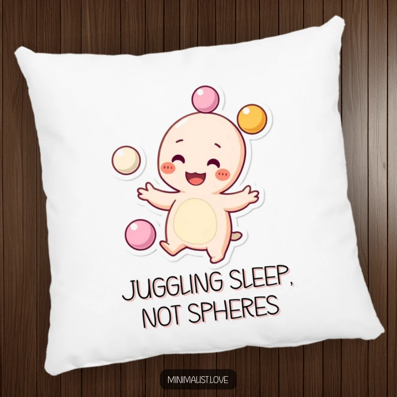 Funny Pillow depicting a grinning character with dots for cheeks, juggling spheres with a happy, playful demeanor. Perfect funny gift.