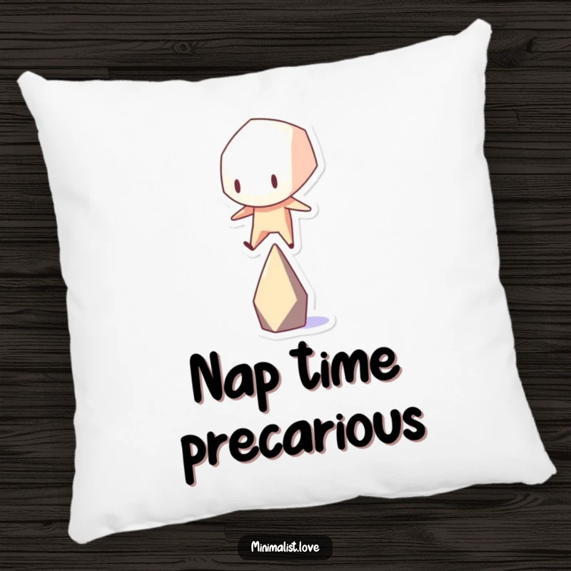 Funny geometric shape character struggling to balance on a single point, printed on a soft pillow.