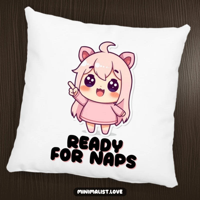 Funny pillow featuring a character pointing enthusiastically at an empty space, adding humor to decor.