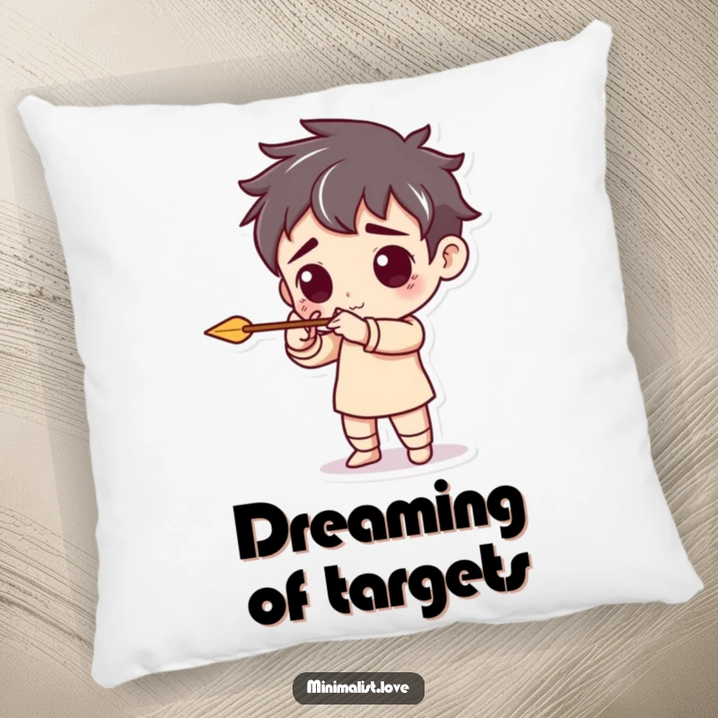 Funny pillow depicting a character pretending to aim a tiny, minimalist arrow, offering comfort and a playful focus.
