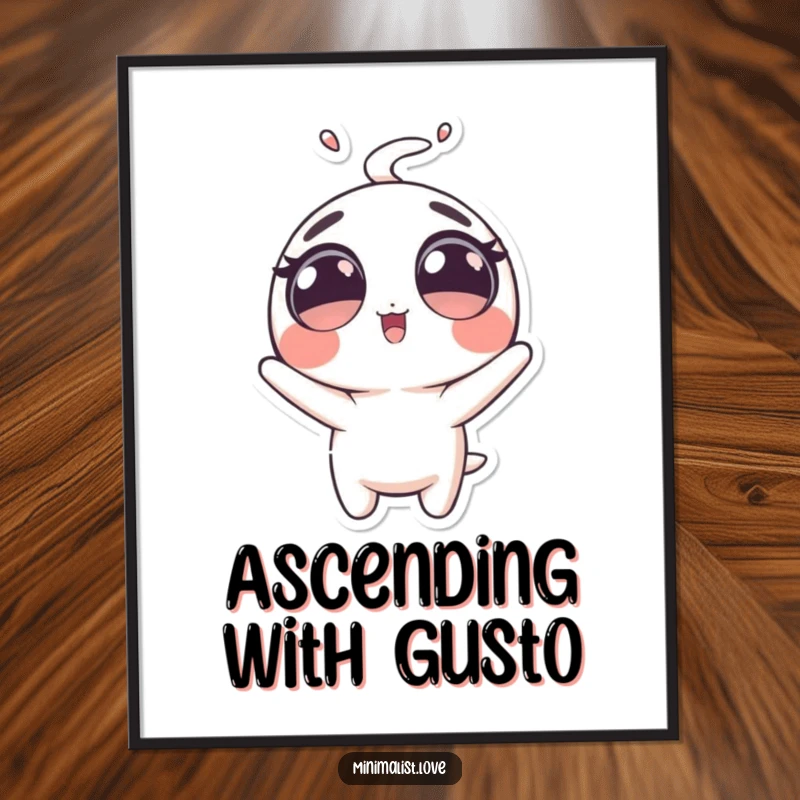 Funny Digital Art Print of a bubbly character with large eyes, comically launched upwards. Instant funny gift.