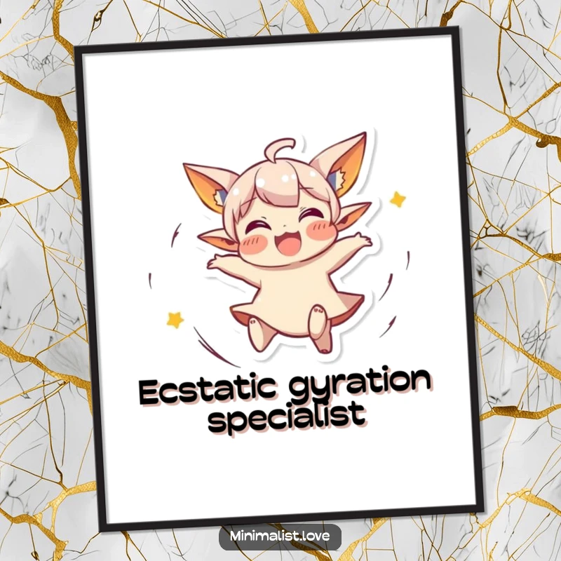 Funny Digital Art Print of a small character with pointed ears, spinning joyfully. Instant funny gift.