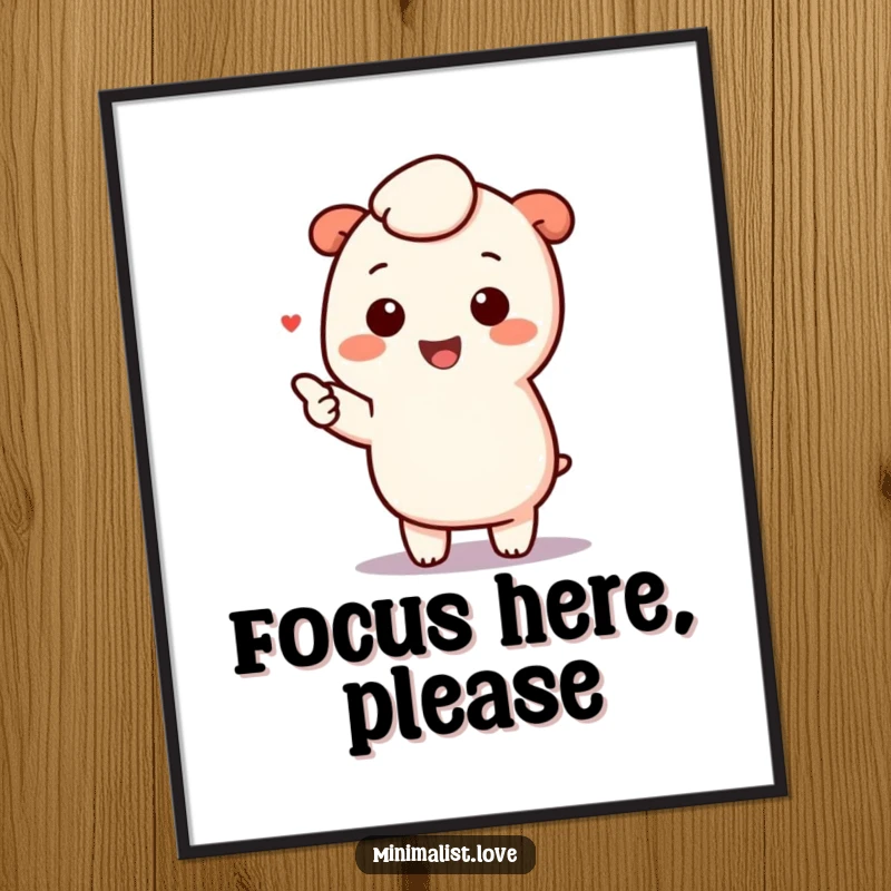 Funny kawaii character happily pointing towards a minimalist element, a high-resolution digital art print designed to bring cute joy and minimalist appeal.