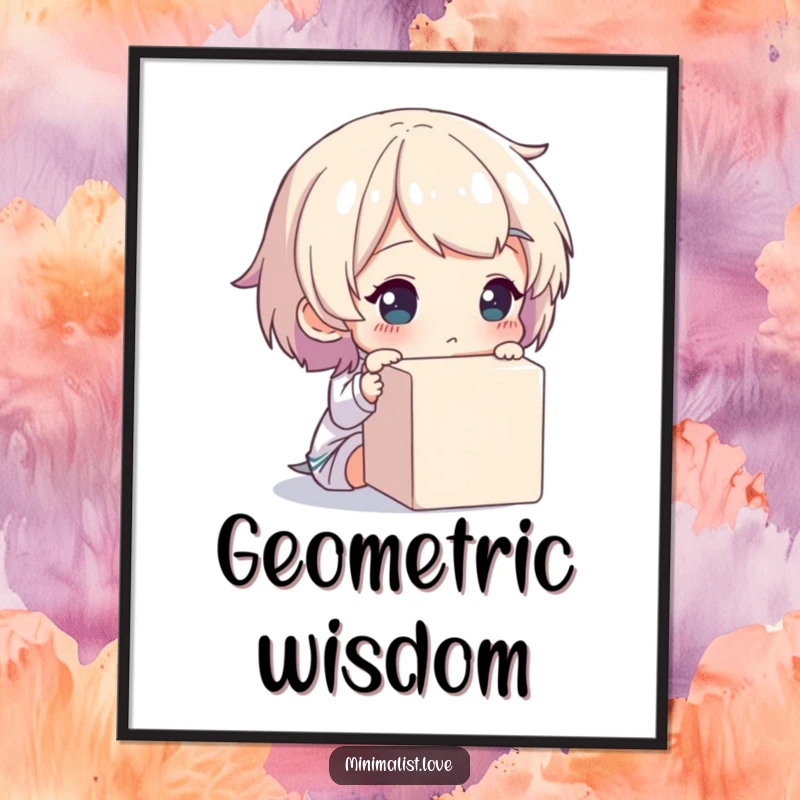 Funny digital art print of a character thoughtfully looking at a plain cube, instant humorous decor.