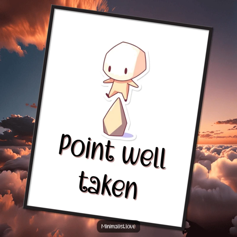 Funny stark geometric shape character hilariously attempting to balance on a single point, as digital art.