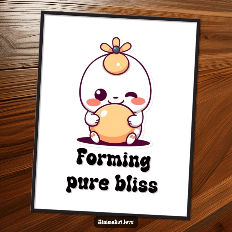 Funny kawaii character with a goofy grin interacting with a simple shape, a high-resolution digital art print designed to bring cute joy and playful humor.