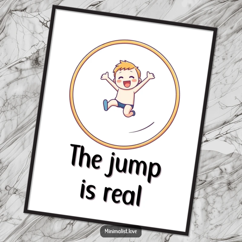Funny cheerful figure digital art print of a dynamic leap through a clean, linear hoop, symbolizing success.
