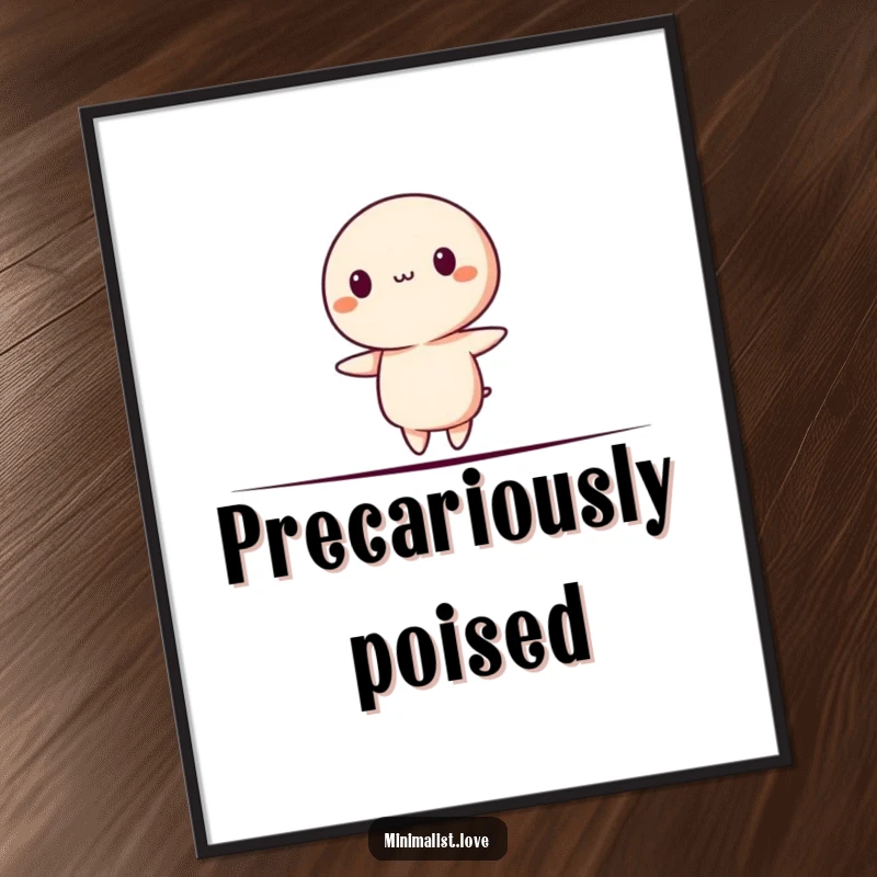 Funny Digital Art Print of a minimalist character precariously balancing on a thin line, perfect for modern walls.