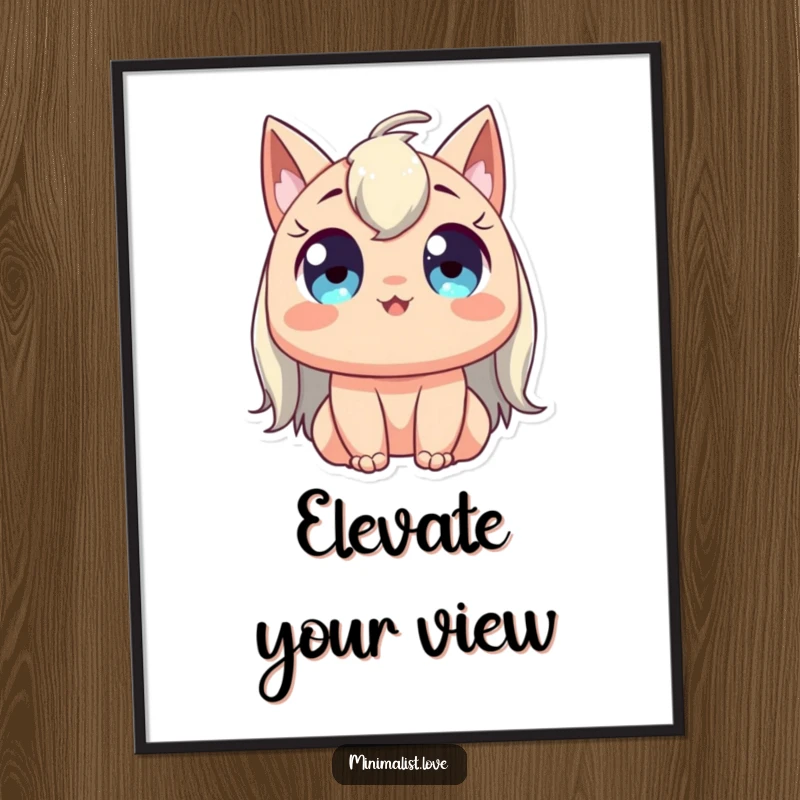 Funny digital art print of a character with wide, happy eyes stretching gracefully upwards, for instant calming and humorous decor.