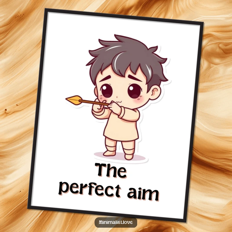 Funny digital art print of a character pretending to aim a tiny, minimalist arrow, perfect for instant download and focused decor.