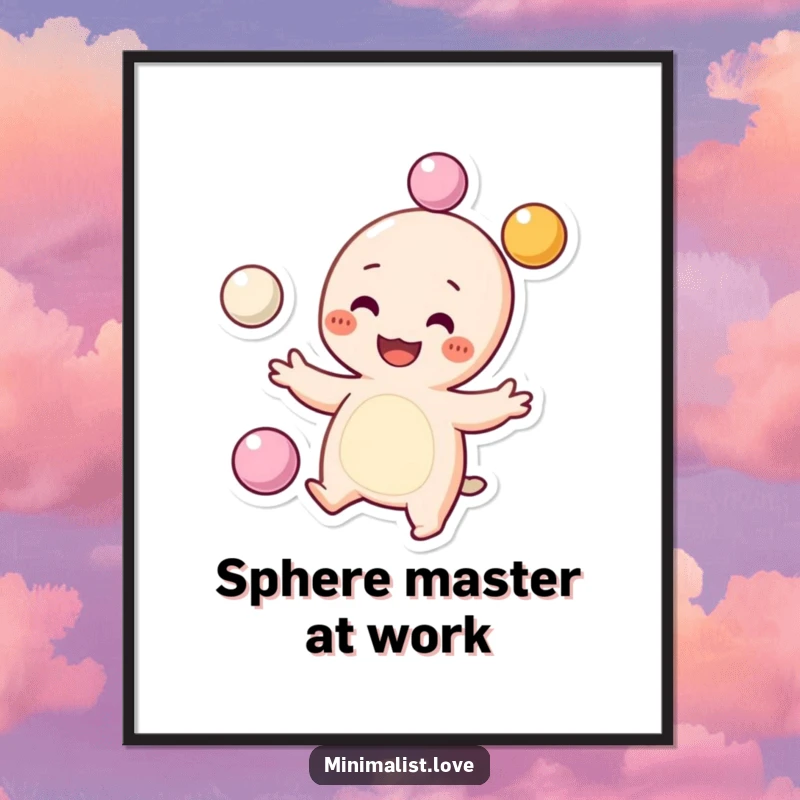 Funny Digital Art Print of a grinning character with dots for cheeks, juggling spheres with glee. Instant funny gift.