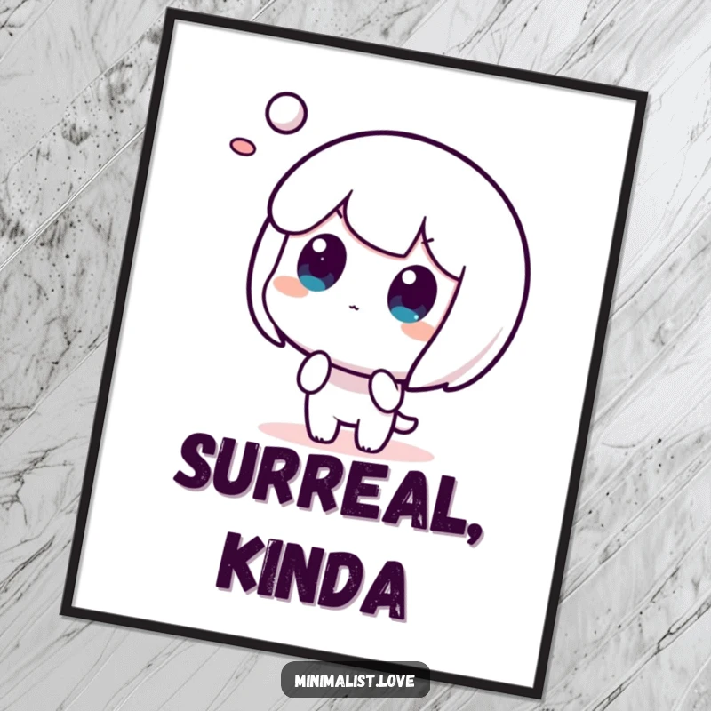 Funny digital art print of a character surprised by an abstract shape, instant humorous decor.