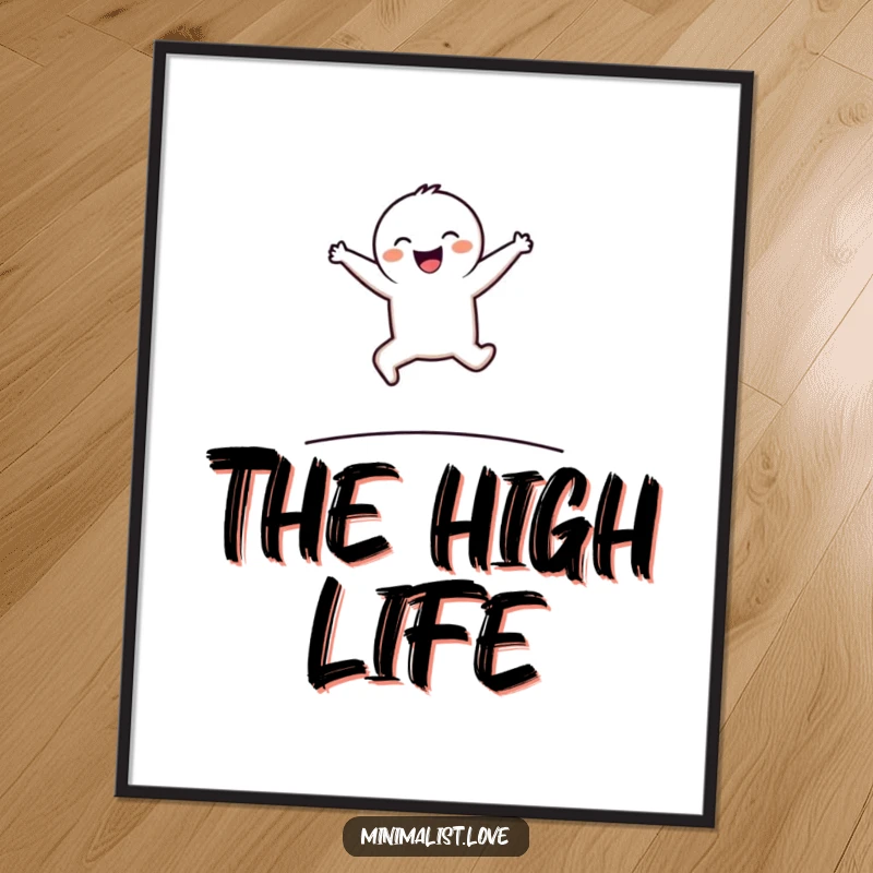 Funny Digital Art Print of a minimalist character joyfully leaping over a simple line, perfect for modern decor.