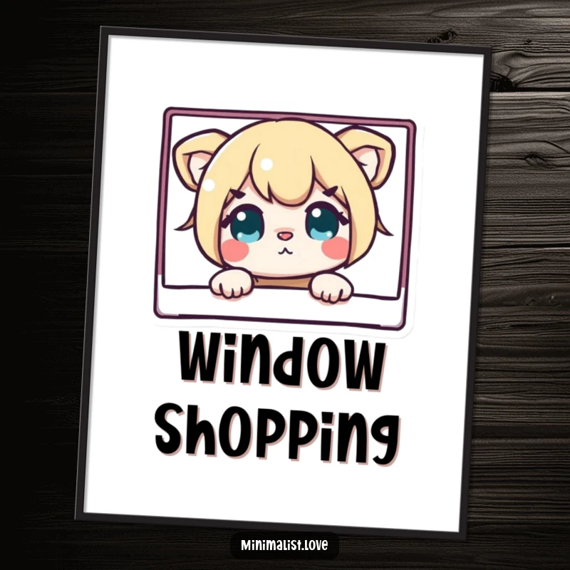 Funny digital art print of a curious character peeking from behind a sharp, clean rectangle, ideal for instant home decoration.