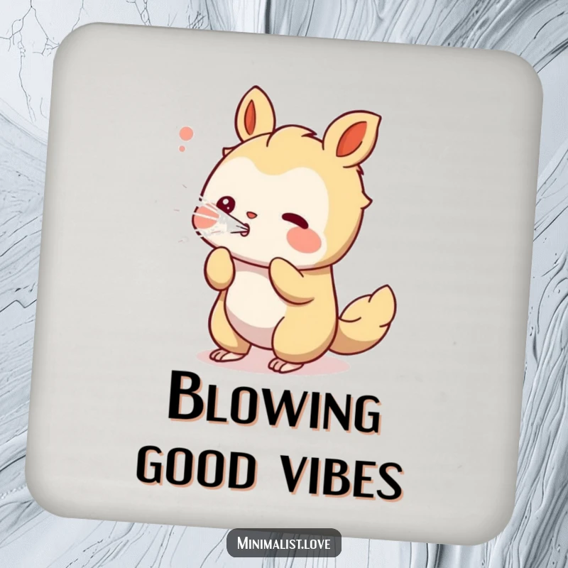 Funny playful creature coaster showing a character blowing a stream of clean, white lines, for artistic flair.