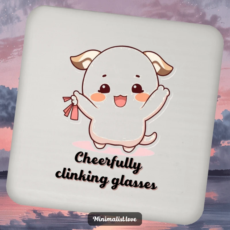 Funny Coaster featuring a happy character with blushes, waving a small fabric. Perfect funny gift.