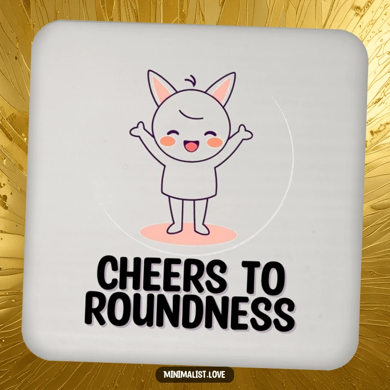 Funny Drink Coaster featuring a minimalist character cheering joyfully while standing on a circle, adding celebratory humor.