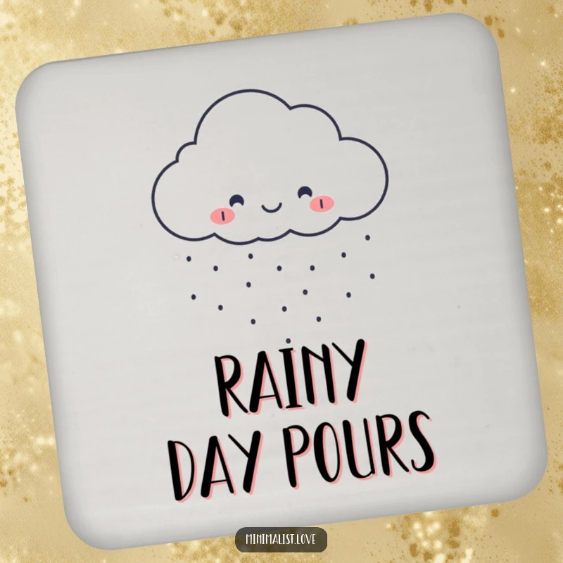 Funny minimalist cloud drink coasters raining tiny perfect dots, protecting surfaces with cheerful style.
