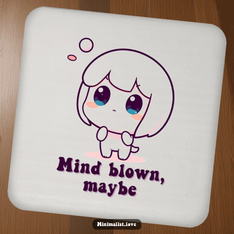 Funny drink coaster with a surprised character and abstract form, protecting surfaces with humor.